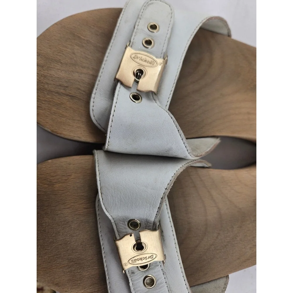 Dr. Scholls Original Collection White Leather Wood Clog Slide Sandals Womens 9M